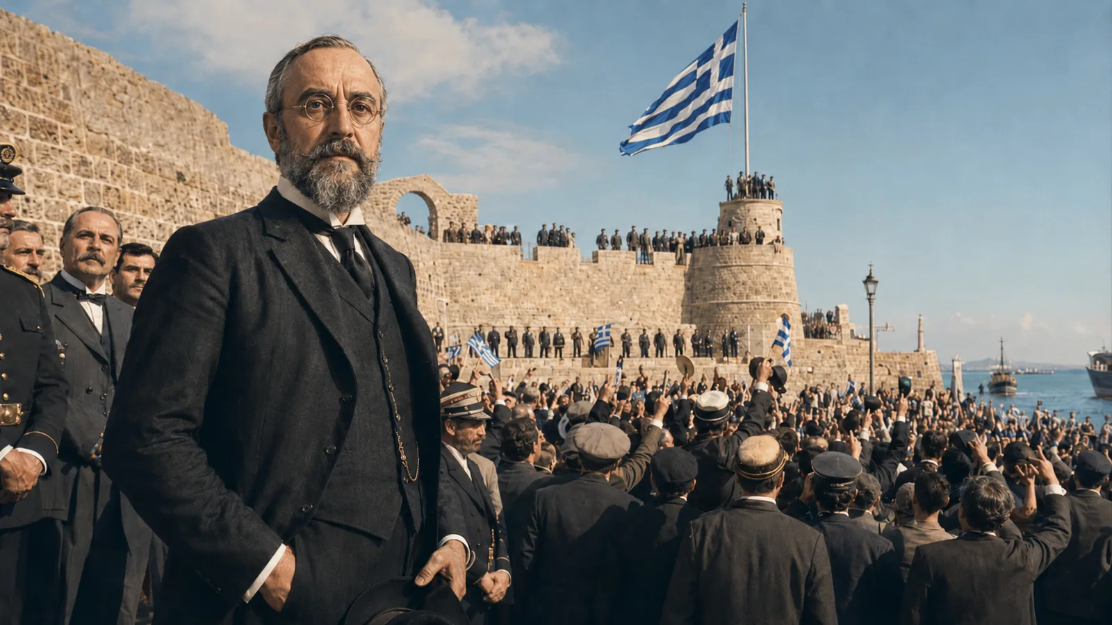 Det græske flag hejses over en venetiansk havnefæstning i Chania