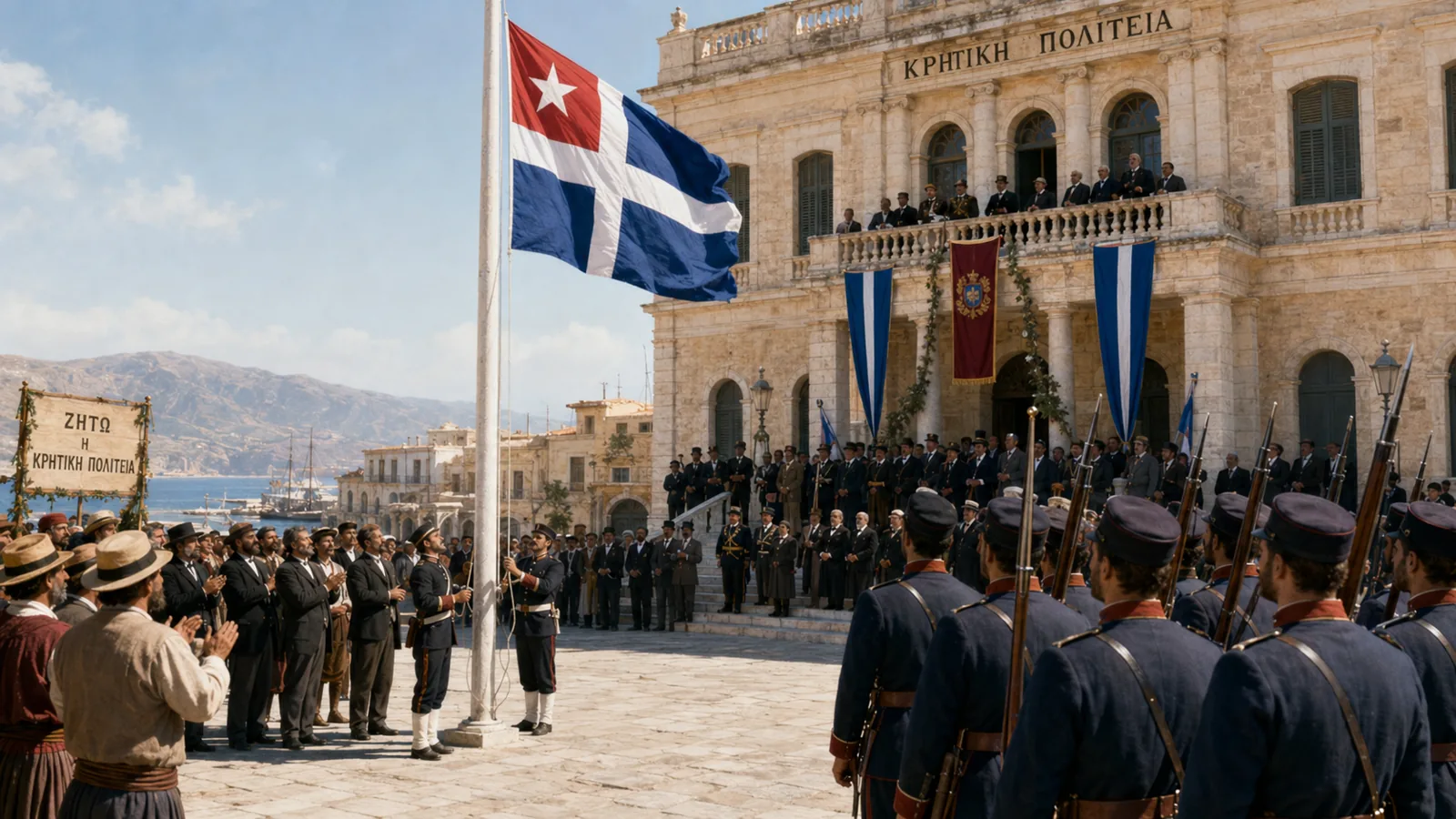 Det kretensiske statsflag hejses ceremonielt foran regeringsbygningen mærket Kretiki Politeia, soldater og honoratiores ser til