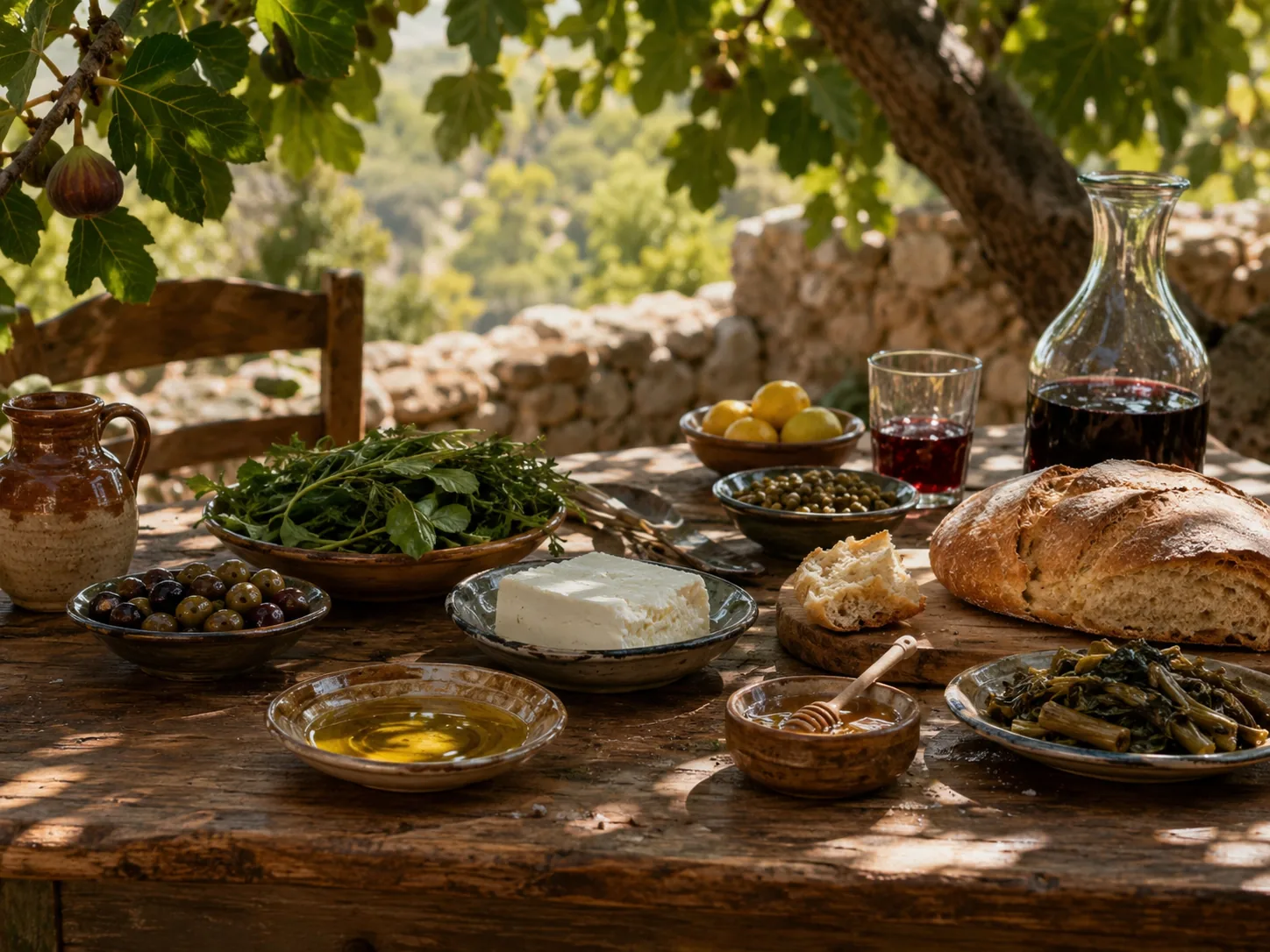 Rustikt bord med olivenolie, brød, ost, vilde urter, honning, oliven og vin under et figentræ