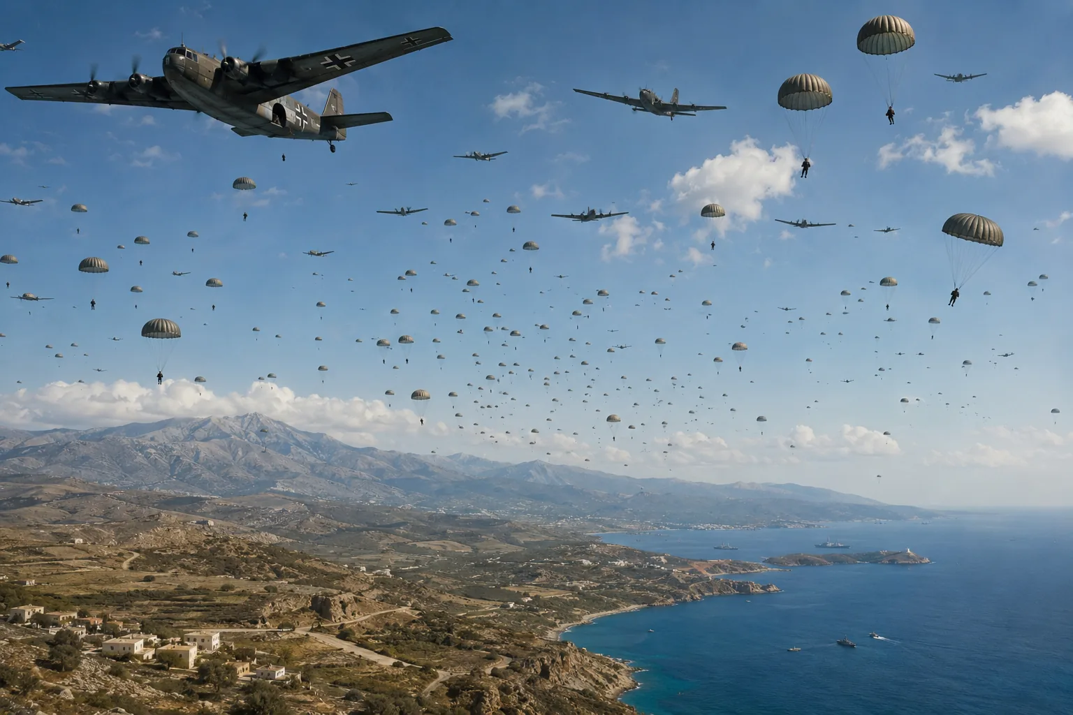 Himlen over Kreta fyldt med hundredvis af faldskærme og tyske transportfly over kysten